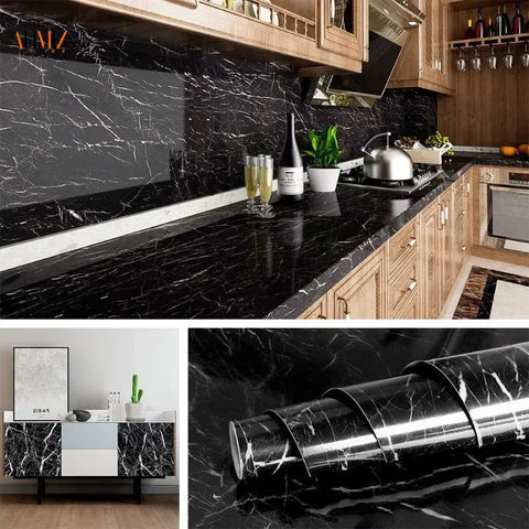 60cm × 200cm Self Adhesive Black / White Marble Sheet for Kitchen - Anti Oil and Heat Resistant Wallpaper - Gradit Mart
