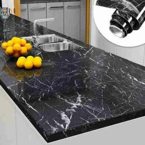 60cm × 200cm Self Adhesive Black / White Marble Sheet for Kitchen - Anti Oil and Heat Resistant Wallpaper - Gradit Mart