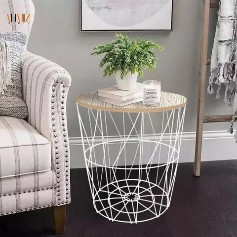 WOOD LAND METAL WIRE REMOVABLE WOOD TOP FOLDABLE ROUND COFFEE SIDE TABLE STORAGE BASKET ONE PICE - Gradit Mart