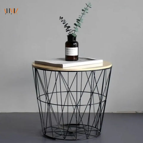 WOOD LAND METAL WIRE REMOVABLE WOOD TOP FOLDABLE ROUND COFFEE SIDE TABLE STORAGE BASKET ONE PICE - Gradit Mart