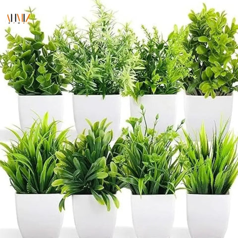 Pack of 8 Mini Plant Artificial Decoration Piece with pot Best for home & Office Decoration purpose - Gradit Mart