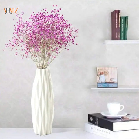 Unbreakable Tall Geometric Plastic Vase, Imitation Ceramic Flower Pot Home Office Decor(White Green Pink) - Gradit Mart