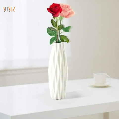 Unbreakable Tall Geometric Plastic Vase, Imitation Ceramic Flower Pot Home Office Decor(White Green Pink) - Gradit Mart
