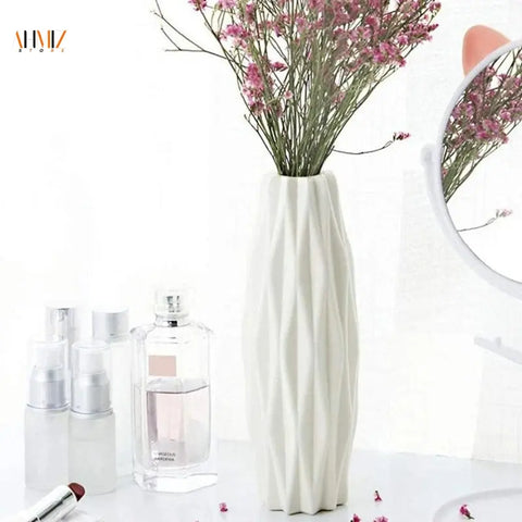 Unbreakable Tall Geometric Plastic Vase, Imitation Ceramic Flower Pot Home Office Decor(White Green Pink) - Gradit Mart
